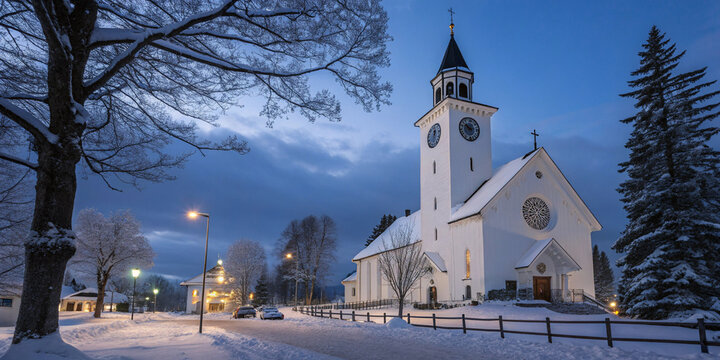 A stunning snowy church at dusk with a black steeple, clock tower, and snow-covered trees under a deep blue sky