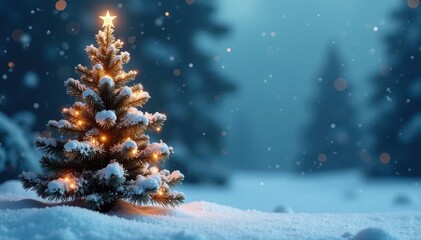 Snow-dusted Christmas tree, winter wonderland background, tree, magical