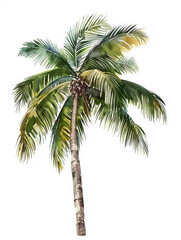 Obraz premium Watercolor palm tree isolated on white background. Hand painted palm tree. Summer tree. Jungle design. Palm tree. Tropical forest leaves, foliage. Coconut palm.