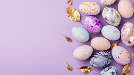 Beautifully patterned eggs with metallic and pastel hues, placed on a soft lavender background, complemented by scattered golden leaves and subtle shadows.