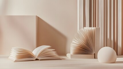 Open book and abstract decor on beige background