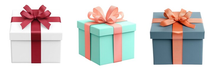 Obraz premium Three colorful gift boxes with ribbons arranged in a row. Birthday party.