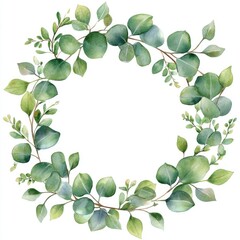 Fototapeta premium Watercolor Square Chaplet Featuring Eucalyptus Leaves and Branches in a Botanical Frame
