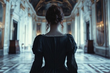 Elegant woman in a historic hall wearing a vintage dress against a backdrop of opulent architecture