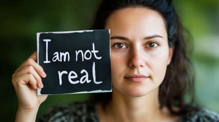 AI generated woman holding sign saying I am not real identifying her as fictional or fake