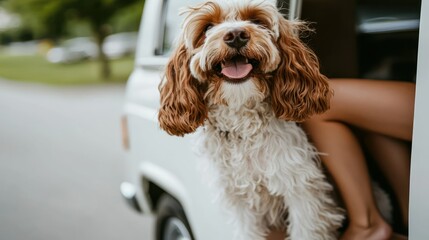 Happy Traveler: A cheerful, fluffy Cockapoo dog with a happy expression peeks out from a vintage van window, ready for an adventure with its owner. 