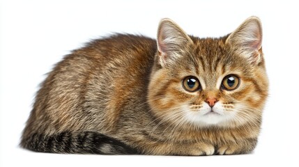 Fototapeta premium Curious Ginger Tabby Kitten Sitting on White Background, Studio Portrait, Isolated on White.