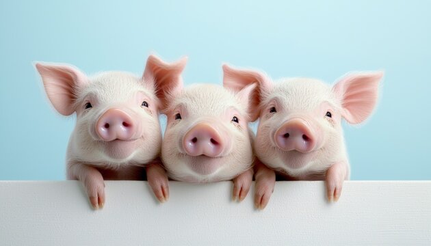 Three adorable piglets leaning over a white sign with their tiny pink snouts and floppy ears, looking joyful and full of energy.