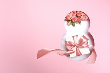 8 March greeting card design with flowers and gift box, top view. Happy International Women's Day