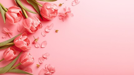 Fototapeta premium Photograph of pink tulips on a pink background, in a flat lay style. On the right side, there is free space for text or design. The flowers should be arranged in two rows and appear fresh and vibrant 