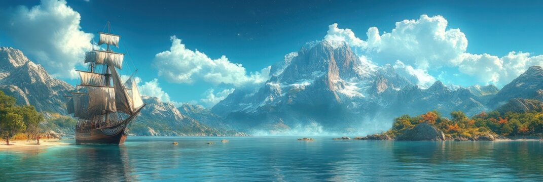 Majestic Mountain Landscape with Antique Sailing Ship