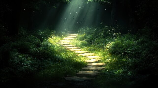 Sunlit stone path through mystical forest; nature background for fantasy