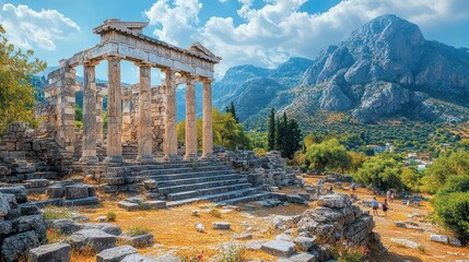 Ancient Greek Temple Ruins at Epidauros, Greece: Majestic Mountains and Sunny Day