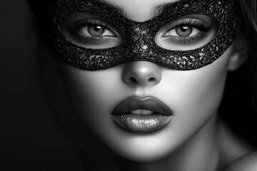Mysterious woman in elaborate black lace mask with striking features and captivating gaze at night