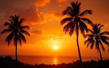 Obraz premium A breathtaking sunset view with silhouettes of palm trees against vibrant orange skies over the ocean.