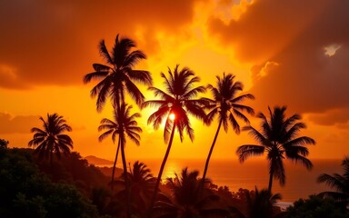 Silhouetted palm trees against a vibrant sunset reflecting over the ocean.
