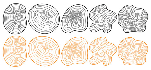 Tree rings set. Wood organic slice design vector illustration. Hand drawn tree ring pattern, line ripple wood texture circle topography. tree trunk stamp