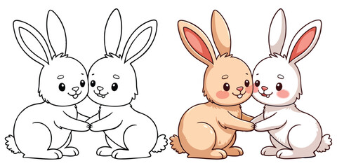 Two Rabbits (Bunny) are playing Line Art Vector Outline Illustration Black and White with Coloring Sample. Bold and Easy Frost and Wild Animal Coloring Pages for Adults and Kids