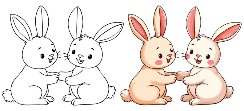 Two Rabbits (Bunny) are playing Line Art Vector Outline Illustration Black and White with Coloring Sample. Bold and Easy Frost and Wild Animal Coloring Pages for Adults and Kids