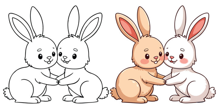 Two Rabbits (Bunny) are playing Line Art Vector Outline Illustration Black and White with Coloring Sample. Bold and Easy Frost and Wild Animal Coloring Pages for Adults and Kids