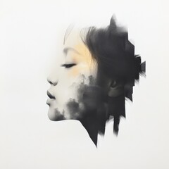 Fototapeta premium a dreamlike portrait of a woman with clouds and sky blending into her profile