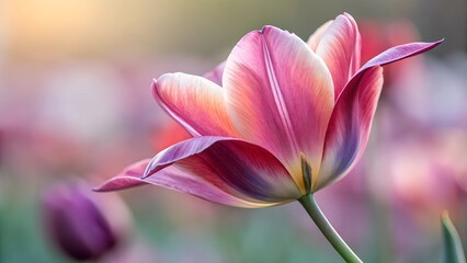 Fototapeta premium Pink and White Tulip in Bloom: A close-up view of a pink and white tulip in full bloom, its petals unfurling against a soft, blurred background.