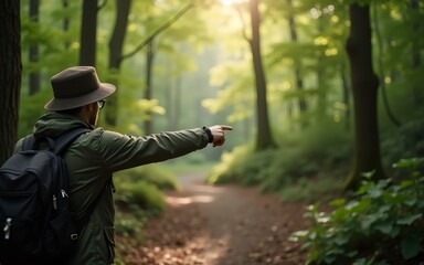 A person in a hat gestures while walking through a serene forest path, surrounded by lush greenery.