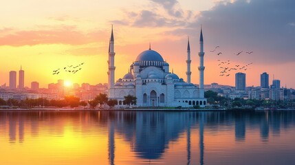 Majestic Mosque at Sunset: A Serene Reflection