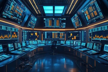 Futuristic trading room featuring advanced technology and AI innovation. Generative AI