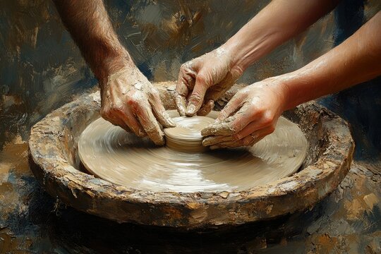 Two pairs of hands collaboratively shape clay on a pottery wheel, a testament to teamwork and craftsmanship.