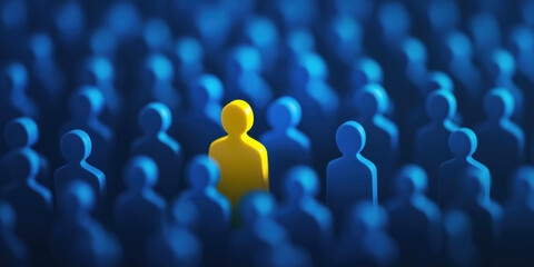 One brilliant yellow leader figure among blue crowd, leadership, unique talent selection, business recruitment