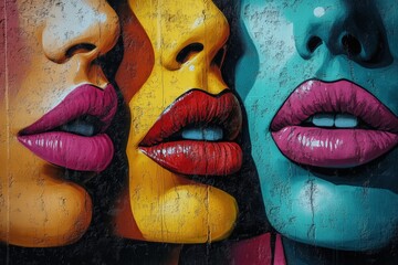 Mural depicting colorful faces with bold lips in urban art style showcasing vibrant street culture