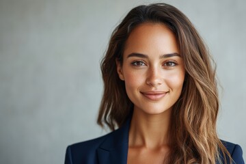 Obraz premium Portrait of a confident woman with long hair smiling in a professional setting indoors during daylight