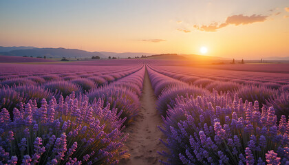 Obraz premium Breathtaking Lavender Fields Under a Pastel Sunset