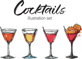 Bar cocktail drinks handdrawn illustration set vector isolated white background. Illustration for a menu 