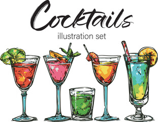 Bar cocktail drinks handdrawn illustration set vector isolated white background. Illustration for a menu 