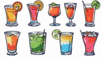 Bar cocktail drinks handdrawn illustration set vector isolated white background. Illustration for a menu 