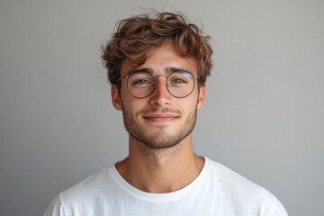Obraz premium Young man with curly hair and glasses smiling in a light-colored room