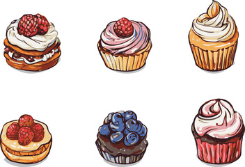 Sweet pastries, muffins, buns and croissants watercolor handdrawn vector illustration set white background isolated