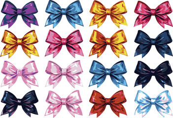 Satin Bows Vector Illustration Set Isolated on White Background Template Mock-up