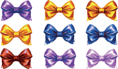 Satin Bows Vector Illustration Set Isolated on White Background Template Mock-up