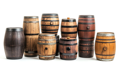 Obraz premium Set of many wooden barrels on white background