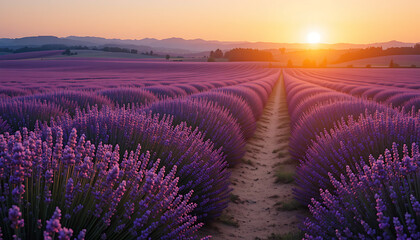 Obraz premium Breathtaking Lavender Fields Under a Pastel Sunset