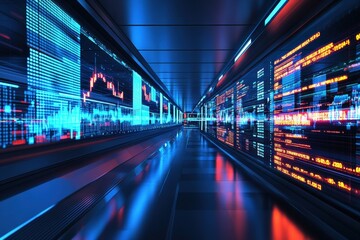 Futuristic trading floor with digital displays showcasing real-time data. Generative AI