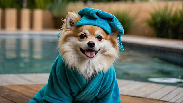 A relaxed dog chihuahua in a spa robe relaxing and enjoys a spa day. concept of services for dogs and pet care