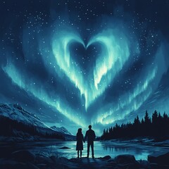 Obraz premium A vector illustration of a cozy couple watching the Northern Lights form a heart in the sky.