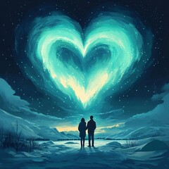 Fototapeta premium A vector illustration of a cozy couple watching the Northern Lights form a heart in the sky.