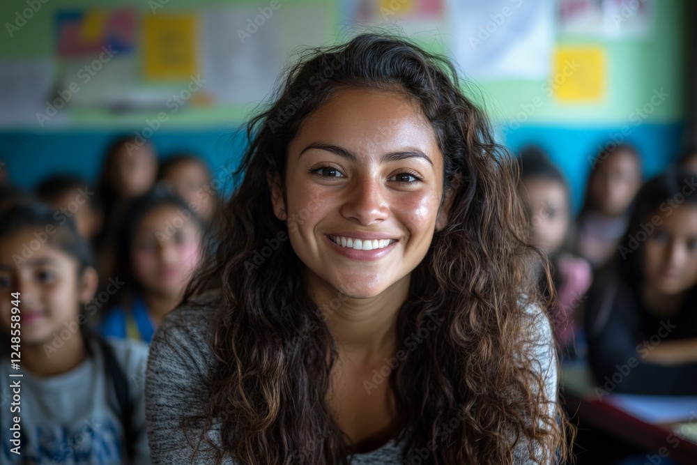 Fototapete smiling teacher engaging students in a lively classroom filled with eager learners