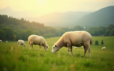 Fototapeta premium Sheep grazing peacefully in a lush green field under a warm sunset.