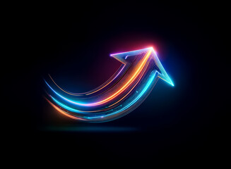 A vibrant, glowing arrow points upward against a dark backdrop, showcasing a double exposure effect with streaks of neon light and motion.